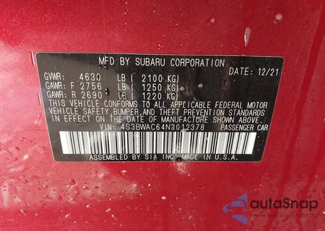 2022 Subaru Legacy Premium z USA, uszkodzony, nr VIN 4S3BWAC64N3012378